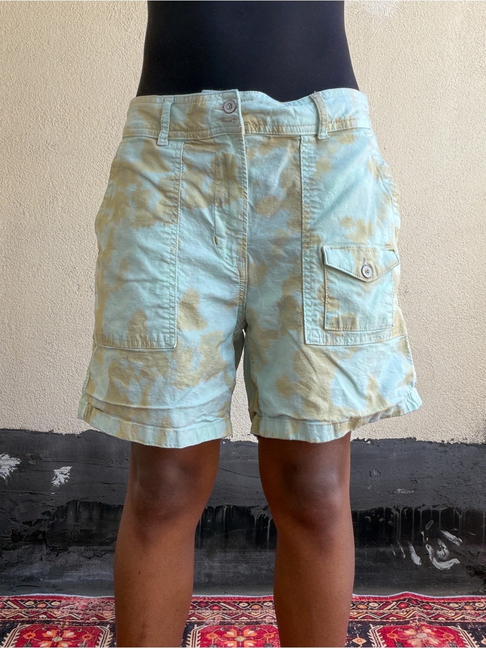 Anthropologie Aqua and Beige Tie-Dye Cargo Bermudas